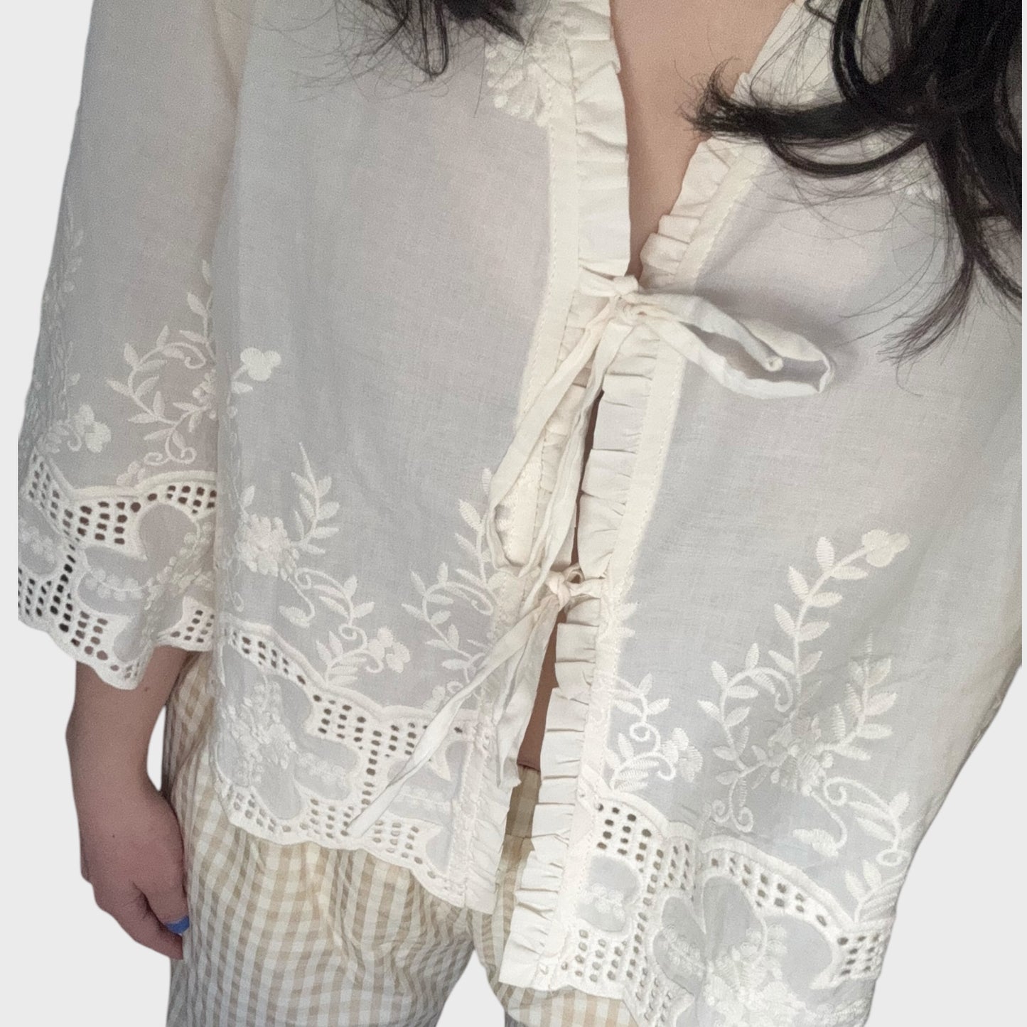 Eyelet Floral Embroidered Tie Front Top