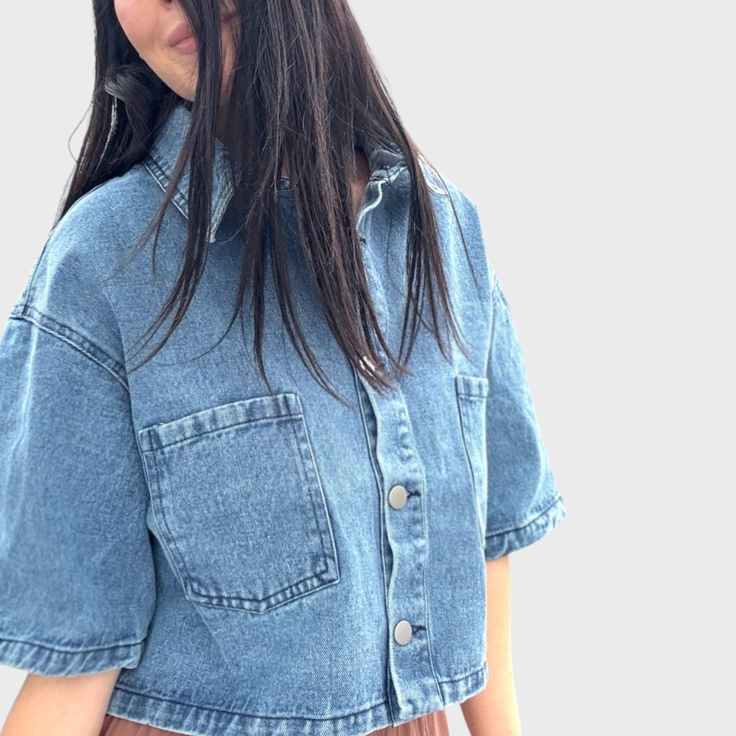 Cropped Denim Button Front Top