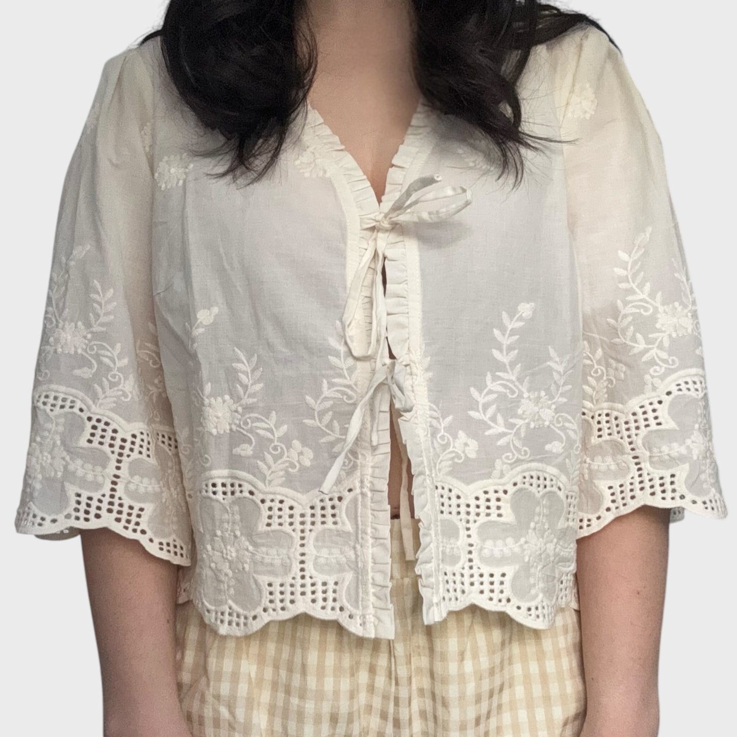 Eyelet Floral Embroidered Tie Front Top