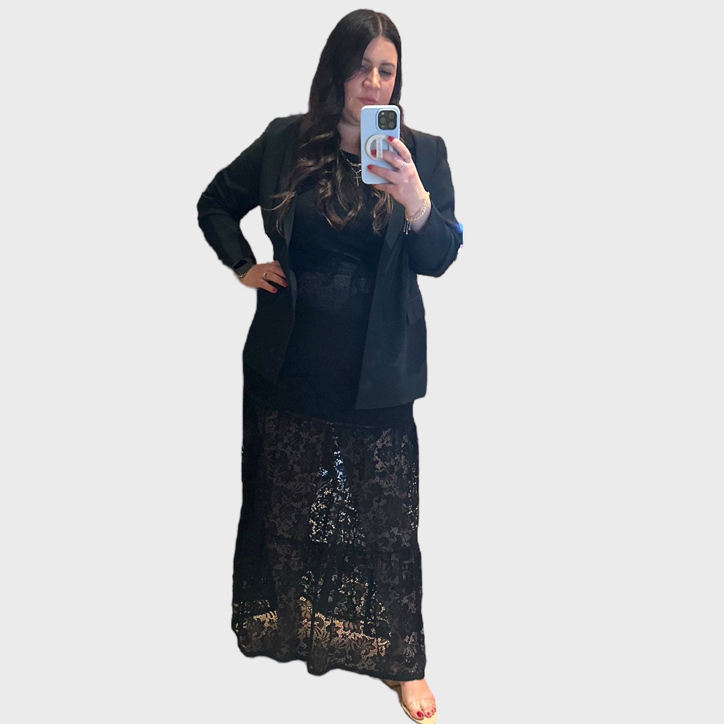 Boho Tiered Lace Maxi Skirt with Mini Skirt Lining Curvy