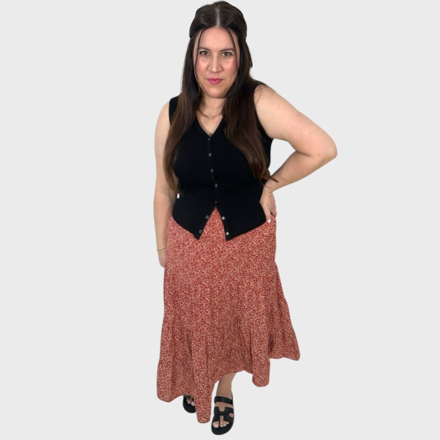 Rust Meadow Floral Tiered Skirt with Slit