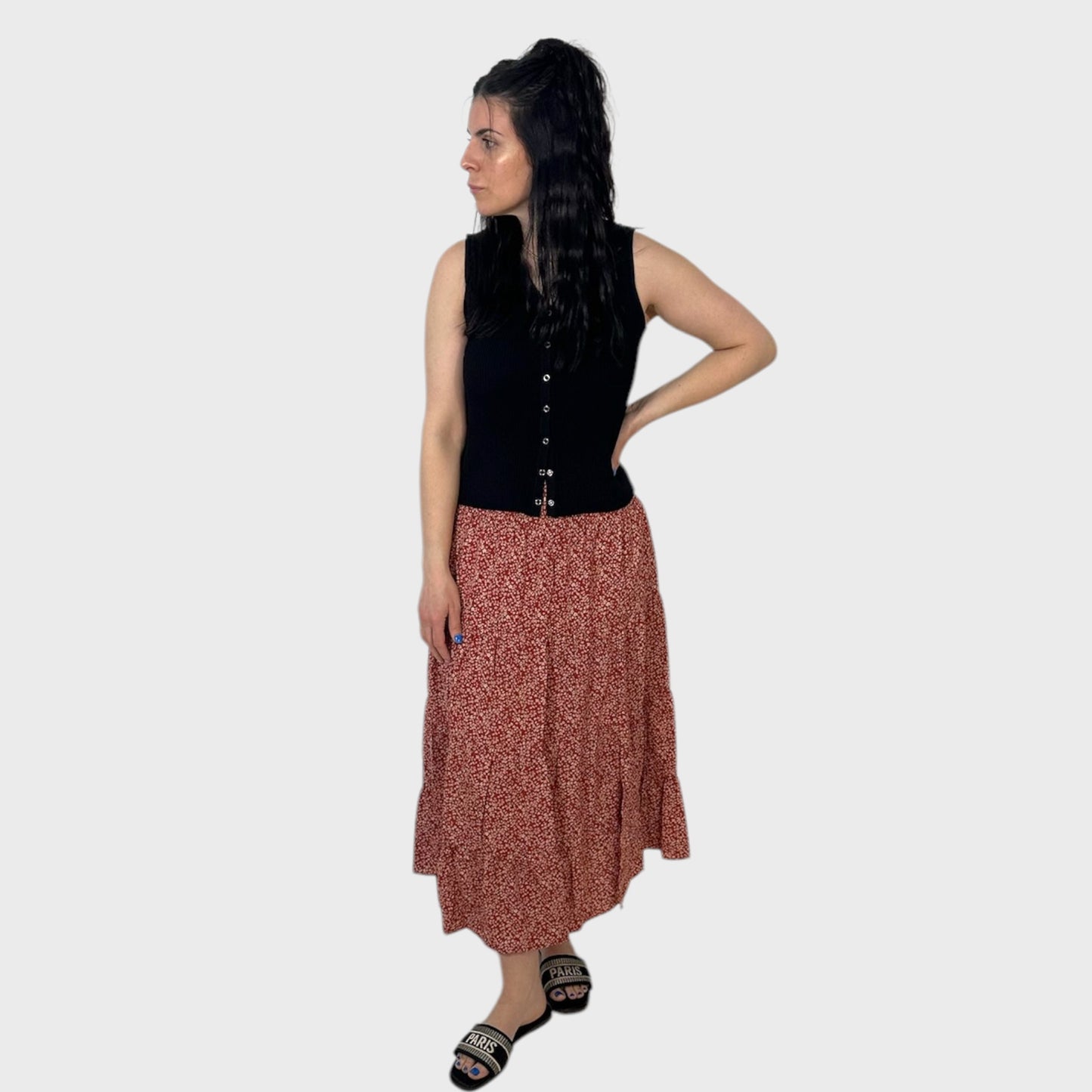 Rust Meadow Floral Tiered Skirt with Slit