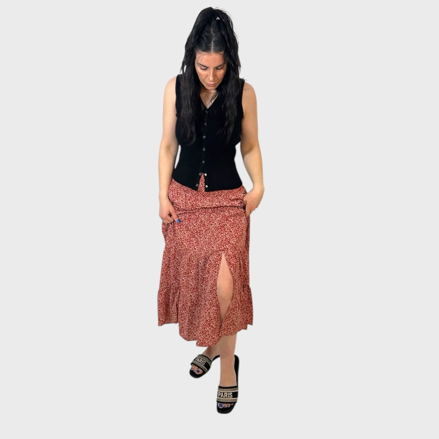 Rust Meadow Floral Tiered Skirt with Slit