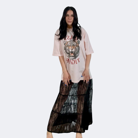 Boho Tiered Lace Maxi Skirt with Mini Skirt Lining