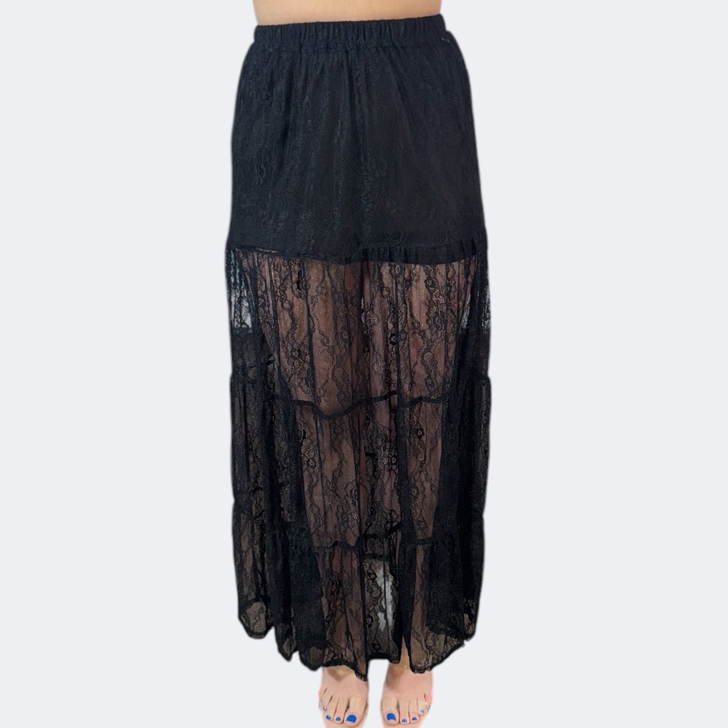 Boho Tiered Lace Maxi Skirt with Mini Skirt Lining