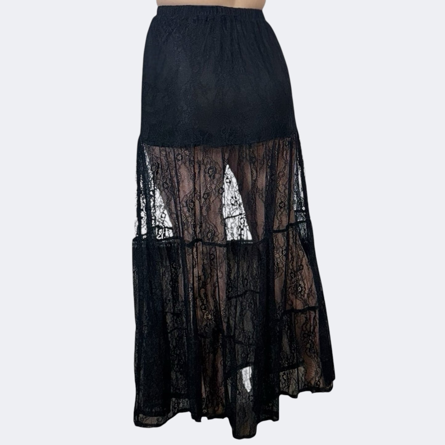 Boho Tiered Lace Maxi Skirt with Mini Skirt Lining