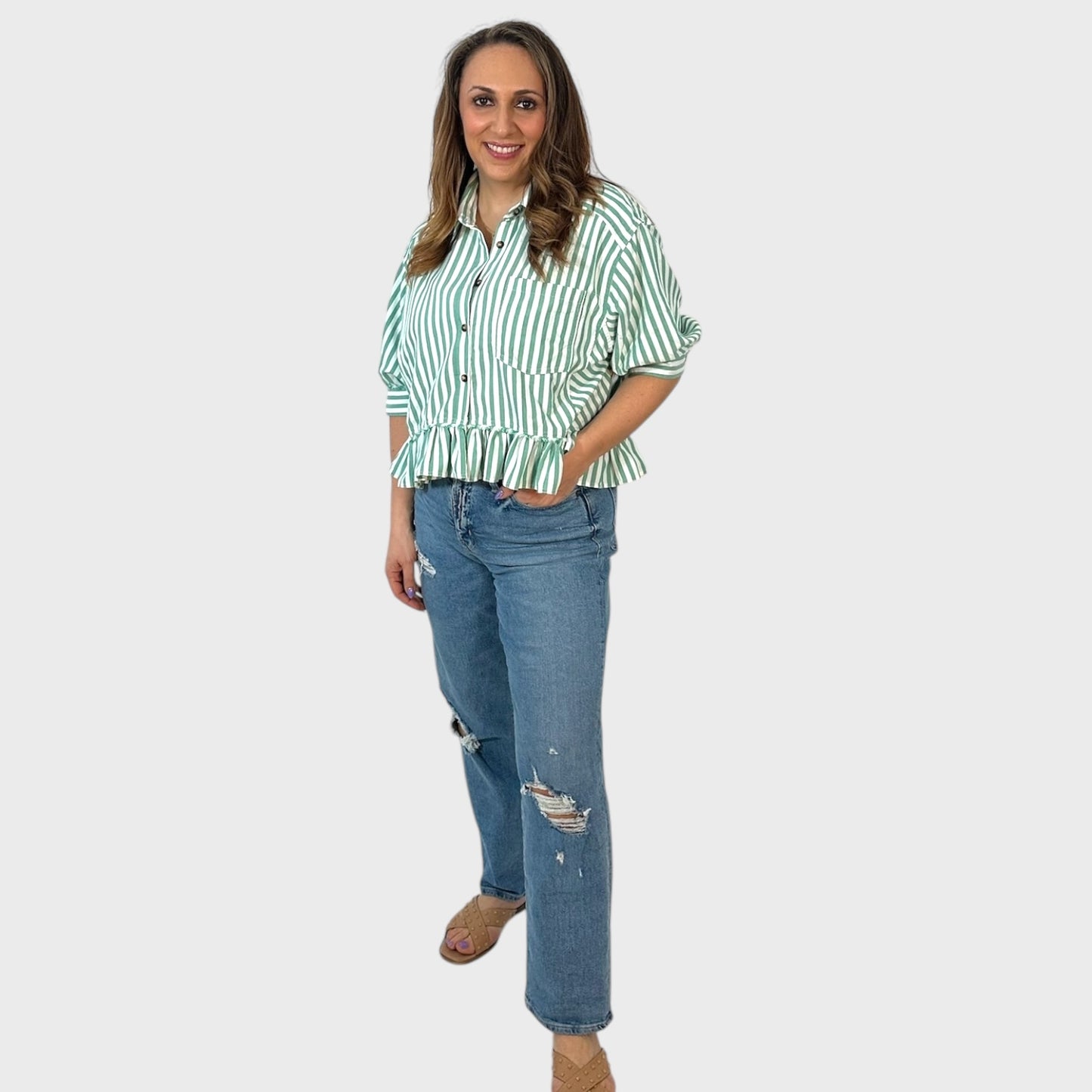 Lucky Stripe Peplum Button Front Shirt