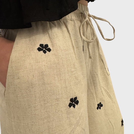 Delilah Flower Embroidery Detail Linen Pants