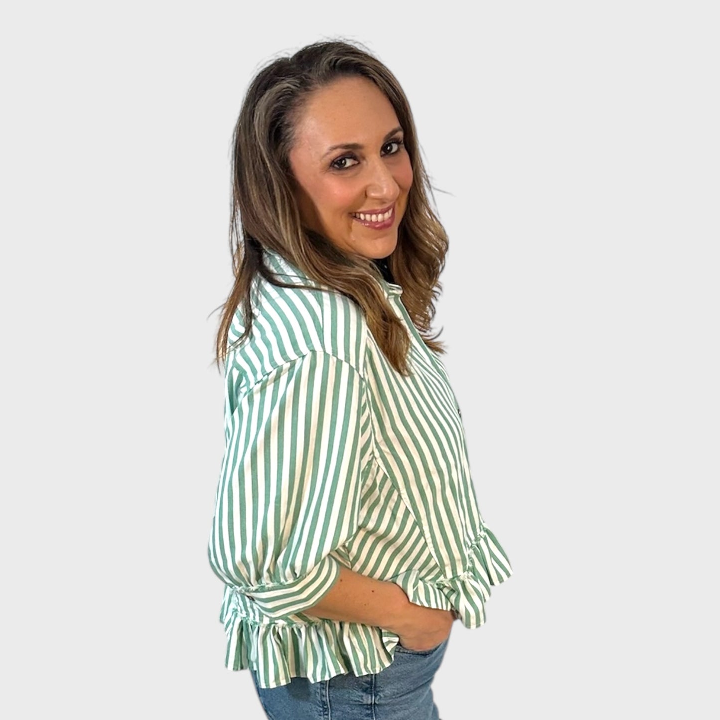 Lucky Stripe Peplum Button Front Shirt
