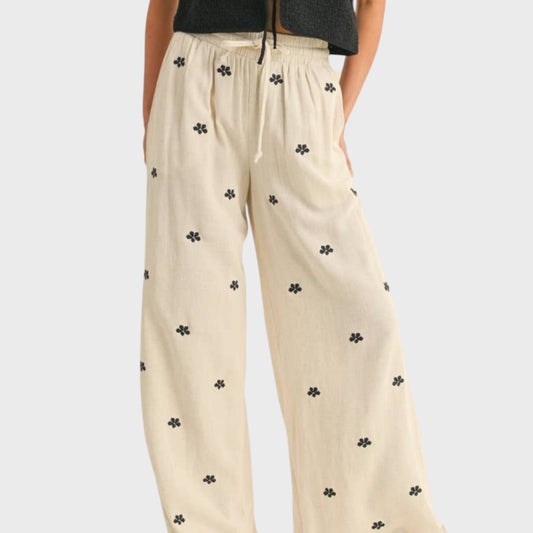 Delilah Flower Embroidery Detail Linen Pants