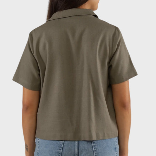 Linen Collared Tie Front Top