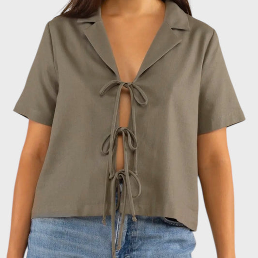 Linen Collared Tie Front Top