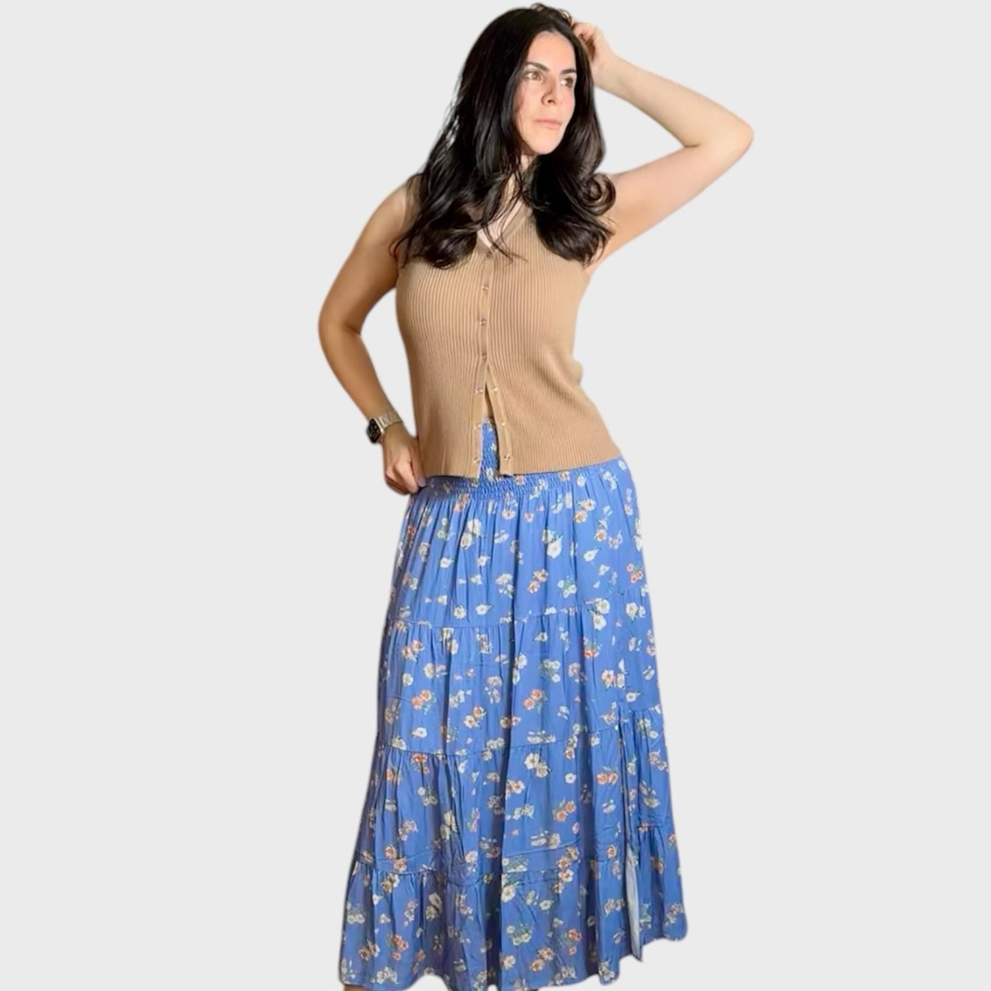 Sky Dream Floral Tiered Skirt with Slit
