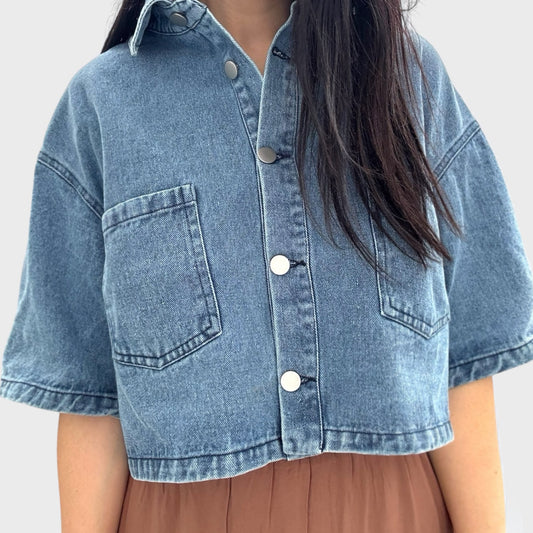 Cropped Denim Button Front Top