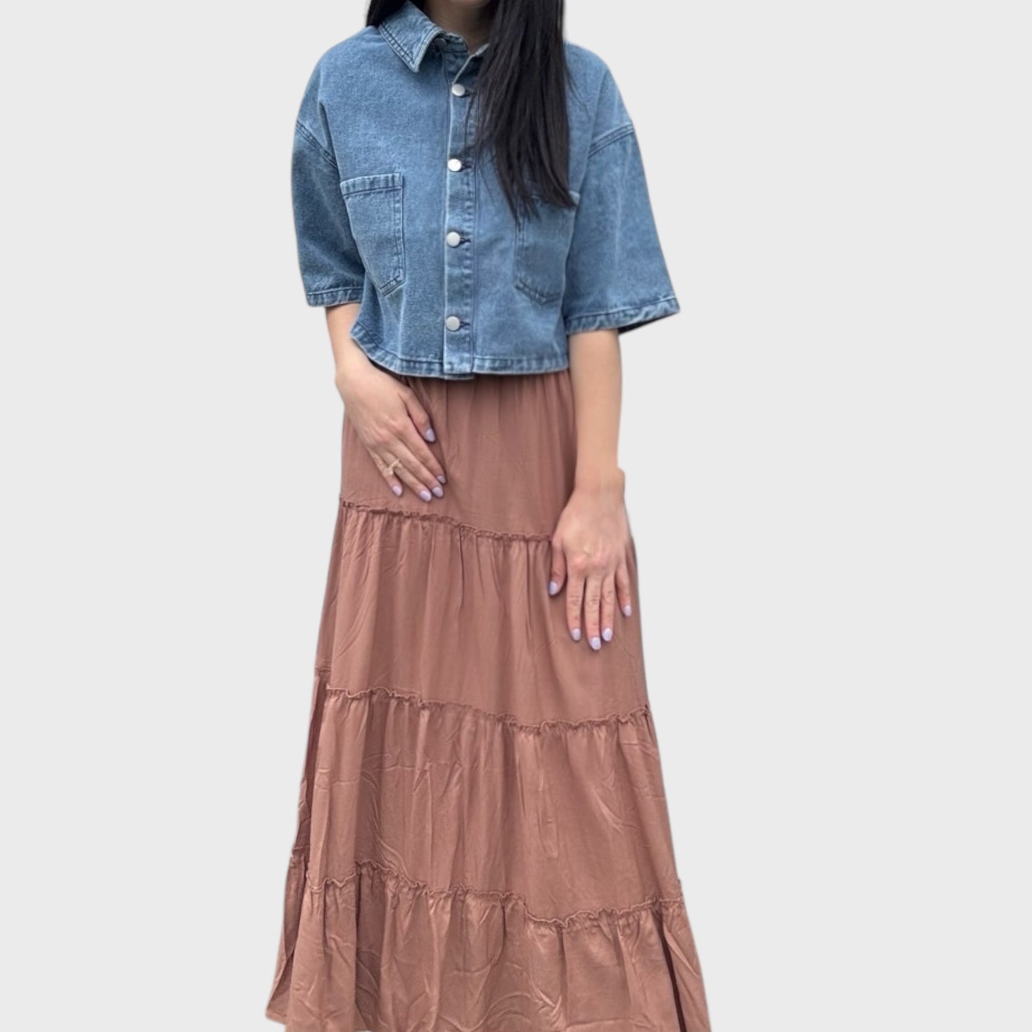 Cropped Denim Button Front Top
